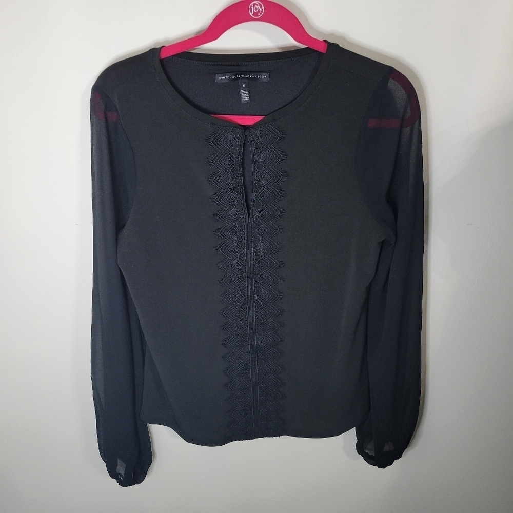 WHBM Long Sleeve Keyhole Black Blouse with Sheer Sleeves & Lace Detail, Size S